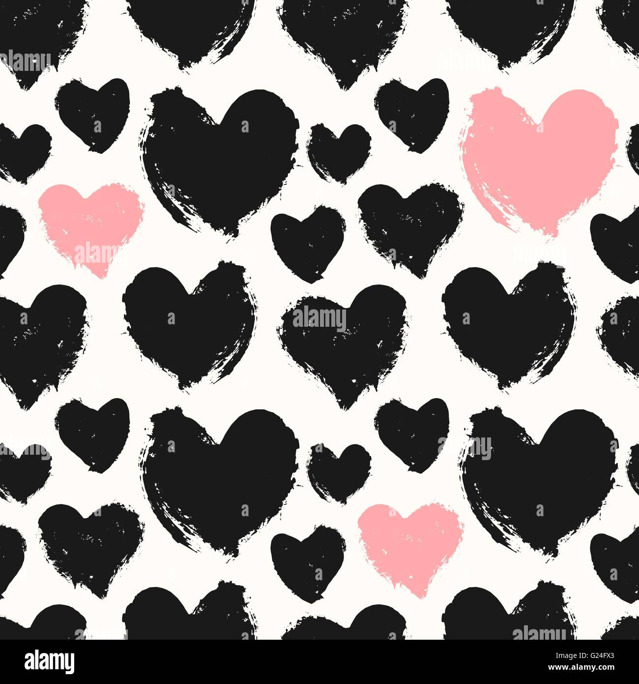 Hand drawn seamless repeat pattern with hearts in black, pastel pink ...