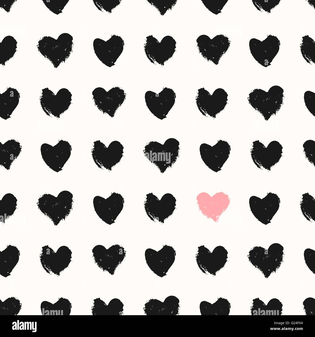Hand drawn seamless repeat pattern with hearts in black, pastel pink ...