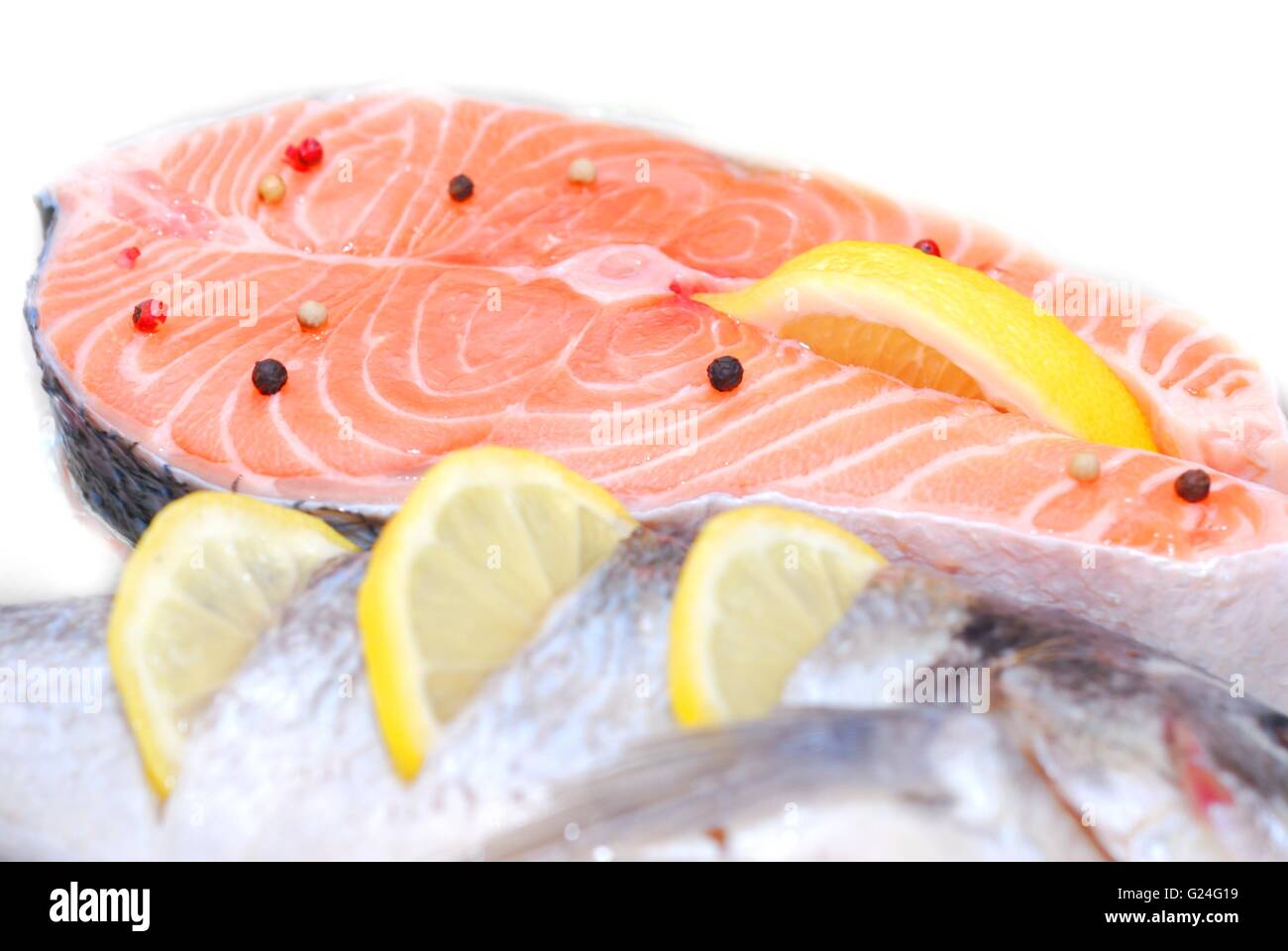 fresh beautiful salmon fish in fridge Stock Photo Alamy