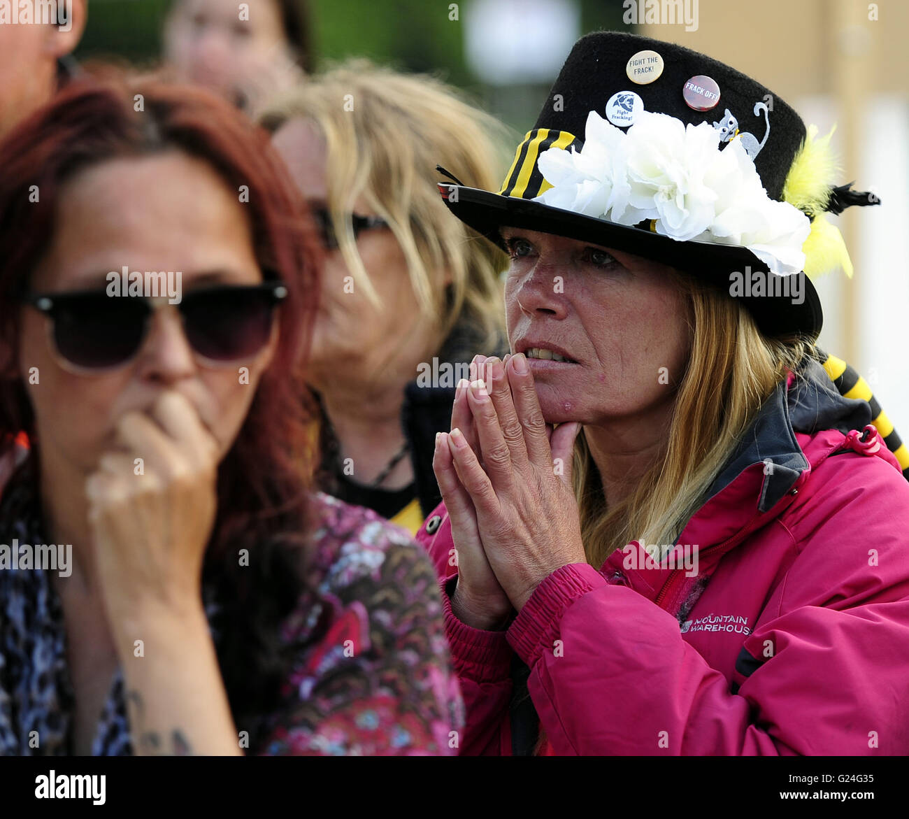 Protestors demonstrating against fracking, react outside County Hall, Northallerton, as councillors have approved an application by UK firm Third Energy to frack for shale gas near the village of Kirby Misperton, North Yorkshire. Stock Photo