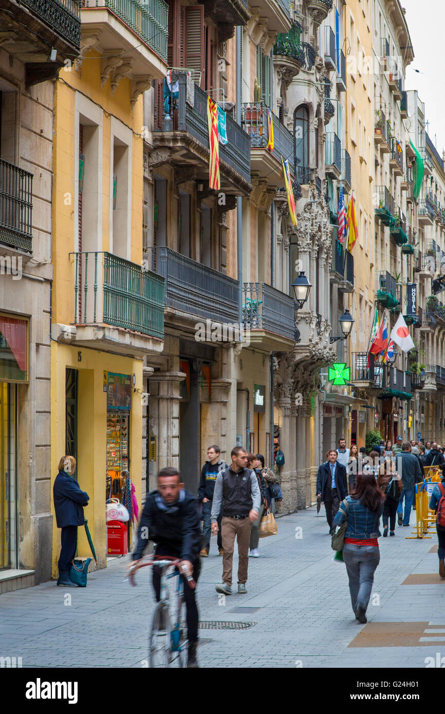 Busy shopping street in old Barcelona, Spain Stock Photo