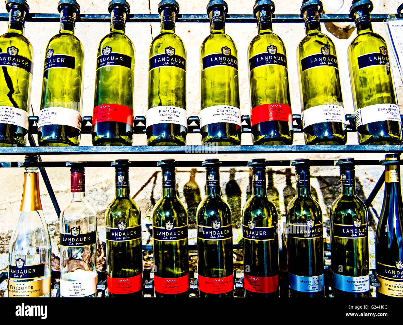 Bottles of wine on display; angebot von weinflaschen Stock Photo