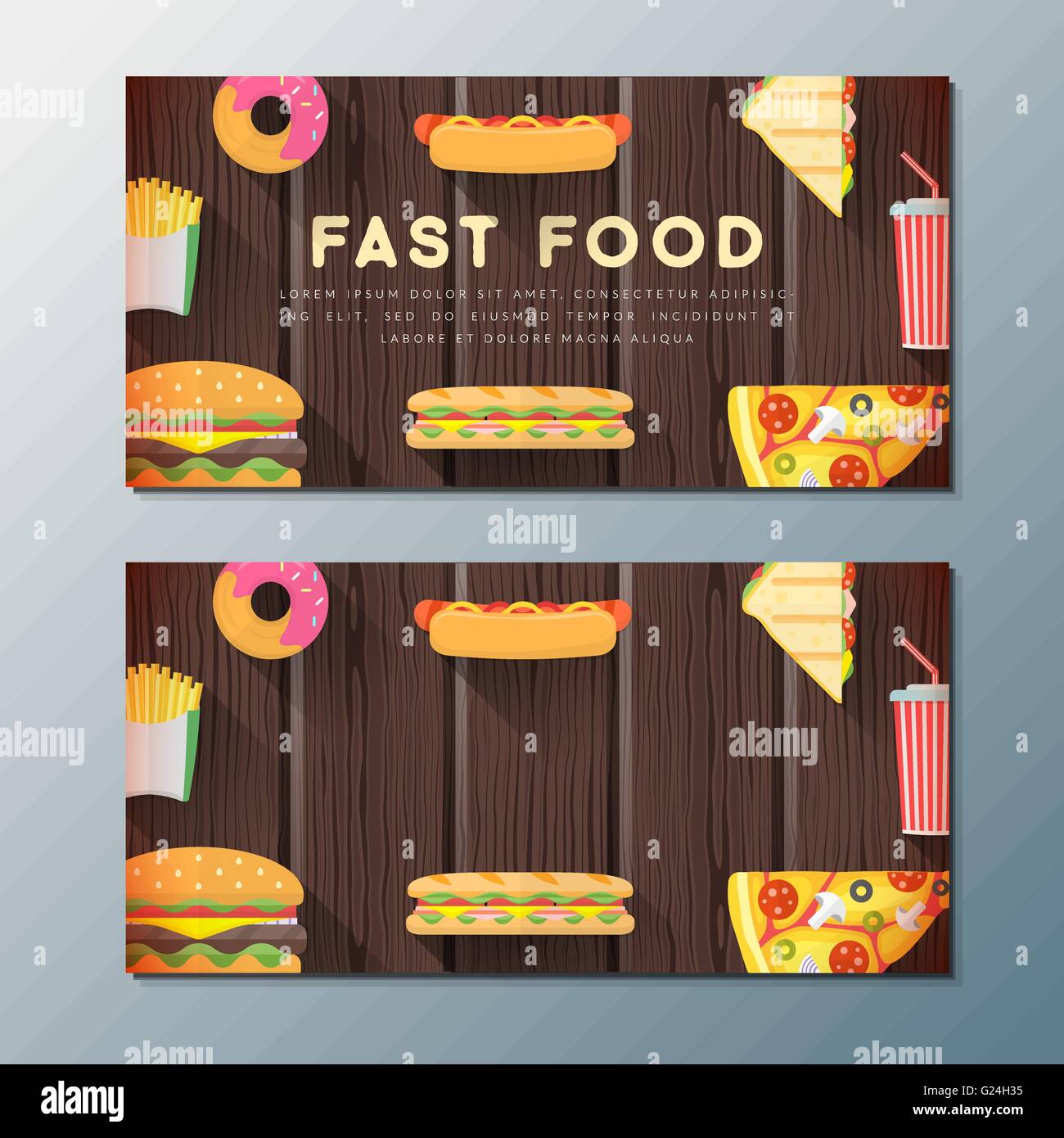 vector colorful flat design various fast food illustration wood textured dark isolated background deco banner template Stock Vector