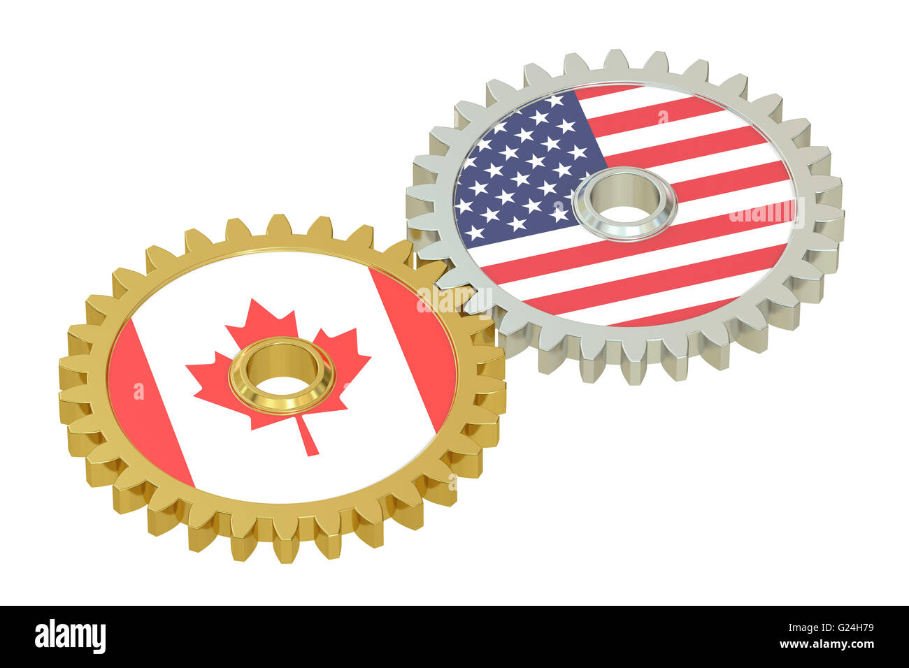 Canadian and United States relations concept, flags on a gears. 3D rendering isolated on white background Stock Photo