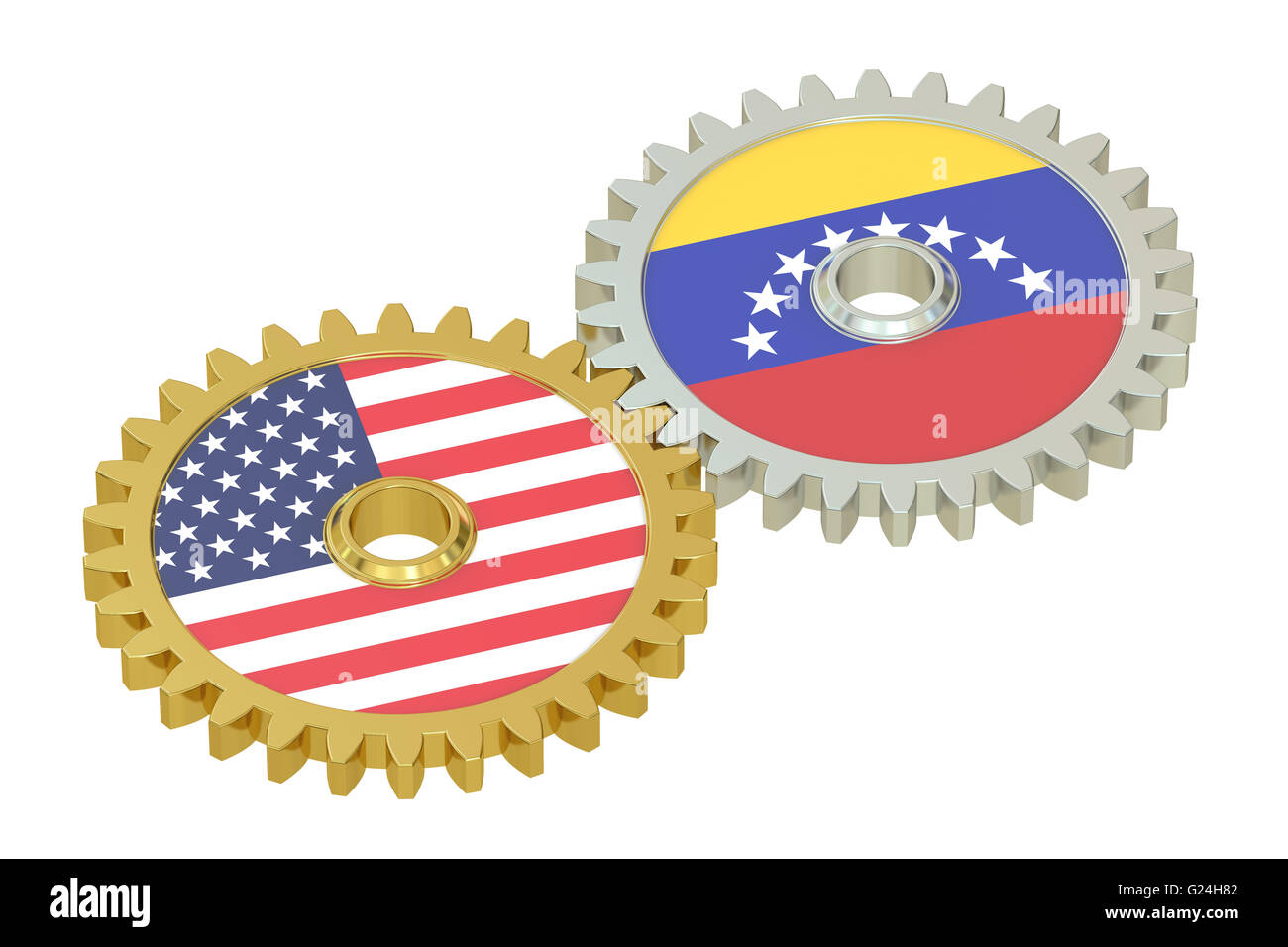 Venezuela and United States relations concept, flags on a gears. 3D rendering isolated on white background Stock Photo
