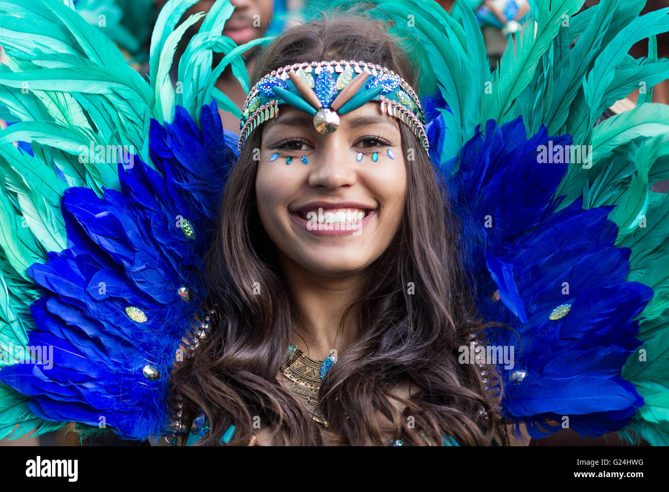 Berlin, Germany may 15, 2016: Beautiful girl in costume smiling on  Carnival of Cultures  (Karneval der Kulturen)  in Berlin, Germany. Stock Photo