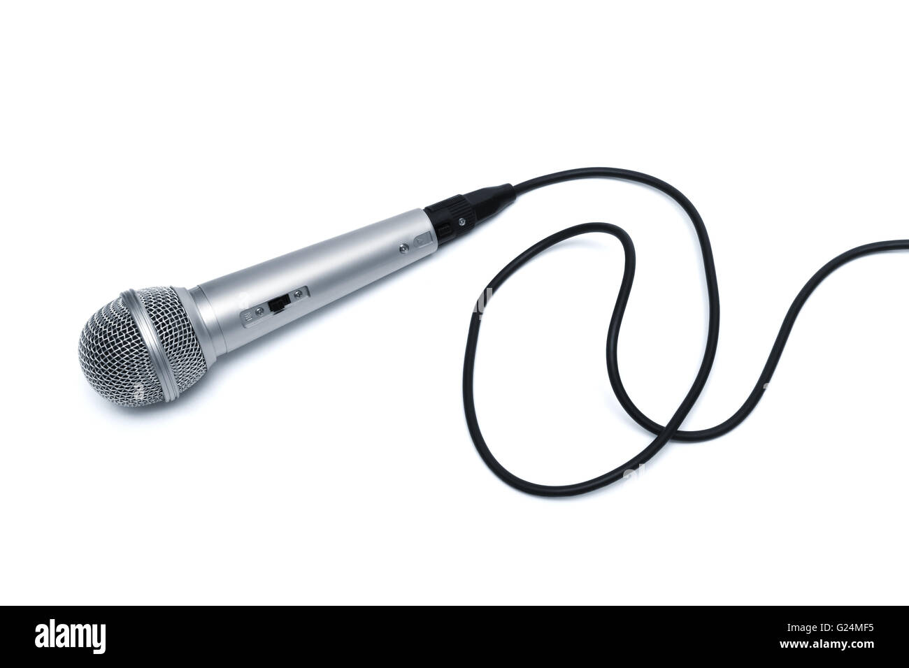 Microphone with a black cord on a white background Stock Photo