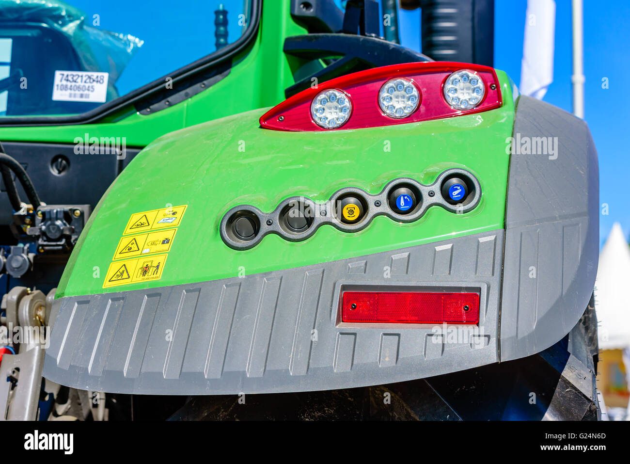 Emmaboda, Sweden - May 13, 2016: Forest and tractor (Skog och traktor) fair. Detail from the wheelhouse control panel of a green Stock Photo