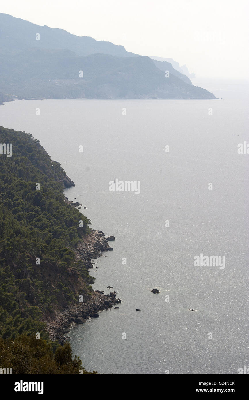 a beautiful vertical picture of a hazy coast from a distance with vegetation and rocks in Palma de Mallorca, Spain, seaside Stock Photo