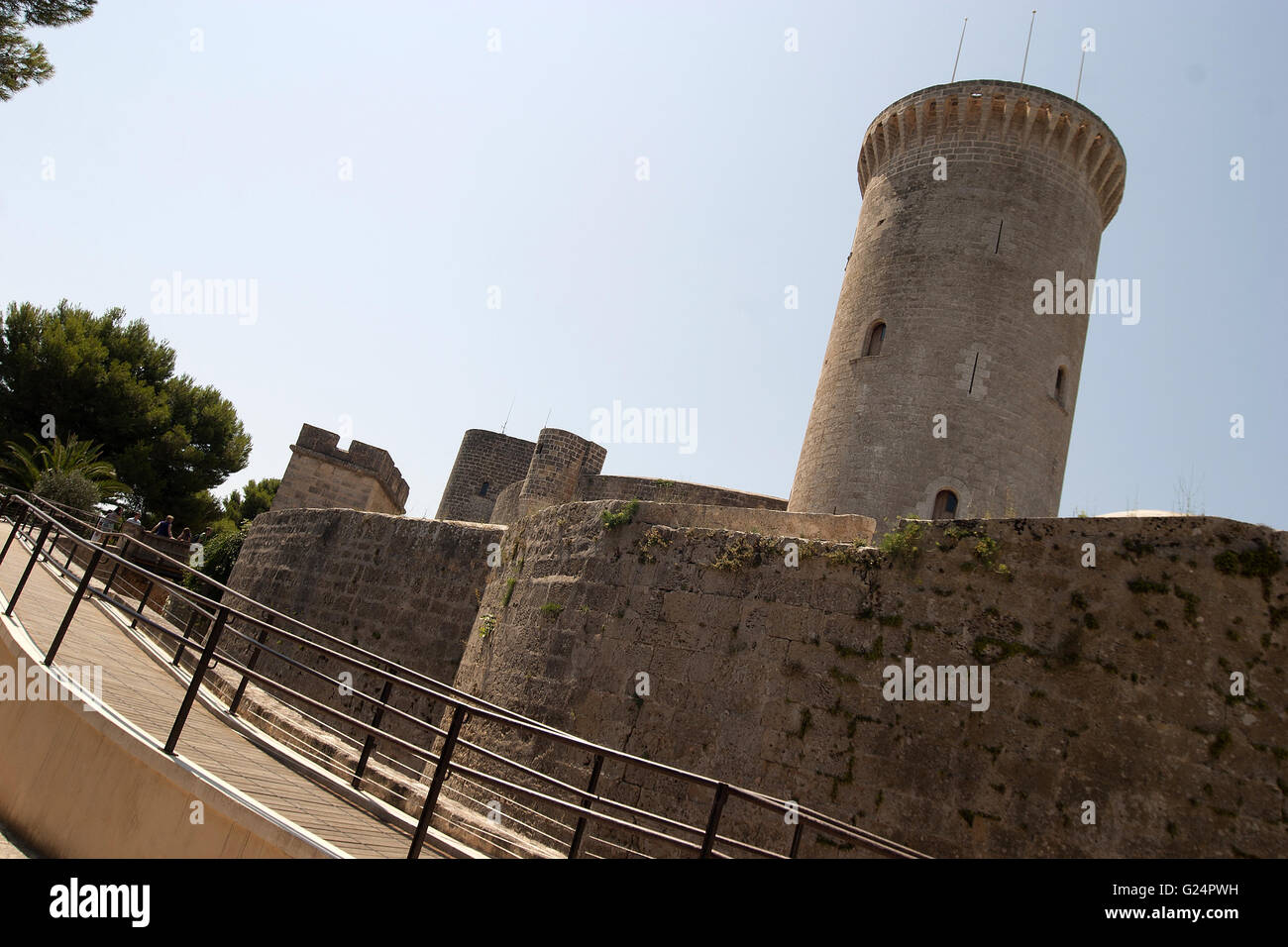 a beautiful picture of the oustide walls and tower of Bellver Castle, Palma de Mallorca, Castello de Bellver, Palma di Maiorca Stock Photo