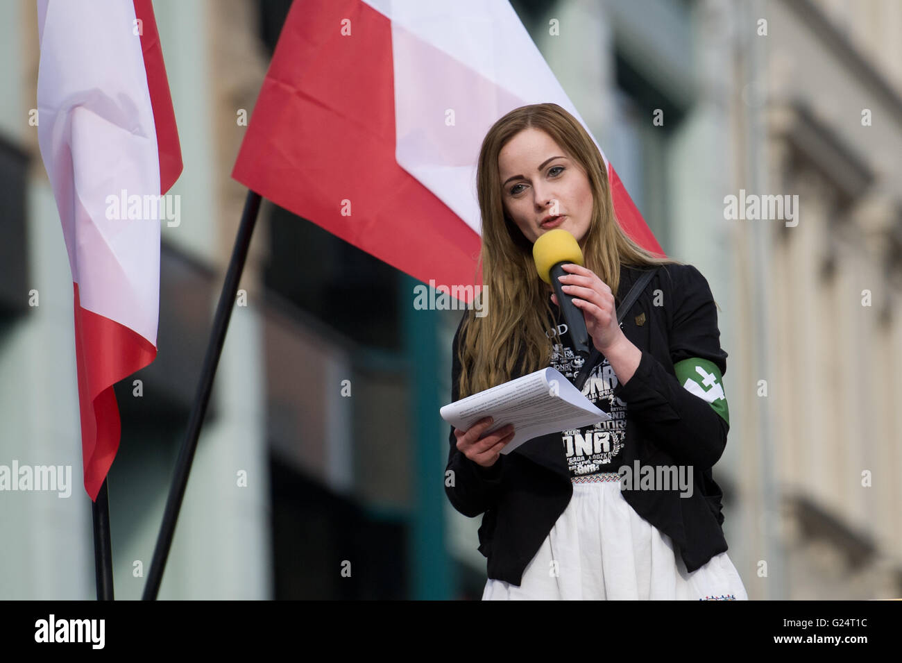 Wroclaw, Poland. 1st May, 2016. Joanna Helcyk delivers a speech during ONR (National Radical Camp) protest in Wroclaw. Stock Photo