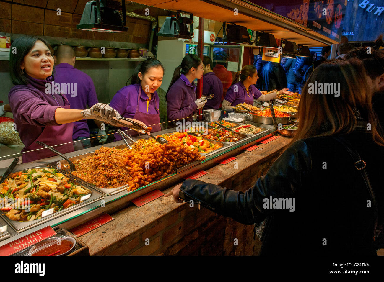 Chinese and indian food hall market stalls Camden market rice , stir fry,Indian food ,nam Stock