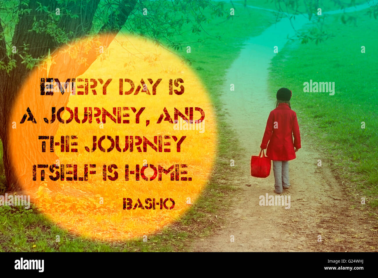 everyday is a journey quote and girl going far away by dirty country road Stock Photo