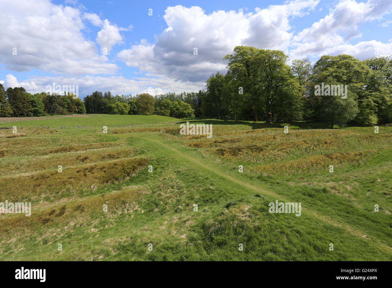 Remains of ditches and ramparts and access road to Ardoch Roman Fort near Braco Scotland  May 2016 Stock Photo