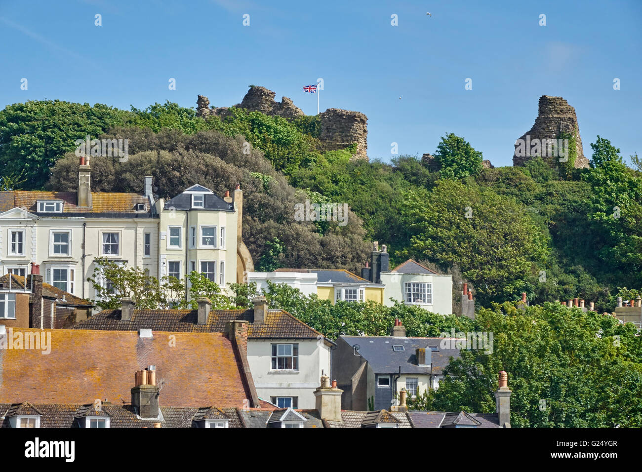 The ruins of Hastings Castle on Castle Hill overlooking the town, East Sussex, England, United Kingdom, UK, GB Stock Photo