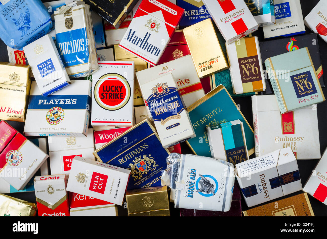Packets of Various Old Cigarette Boxes Stock Photo
