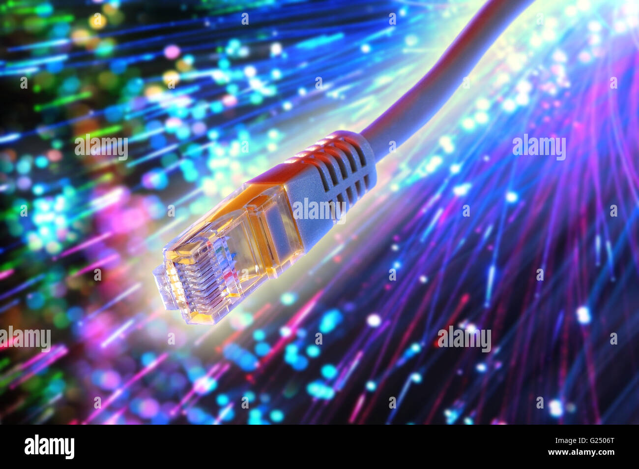 ethernet cable with fiber optic background. Flashes and glitter Stock Photo