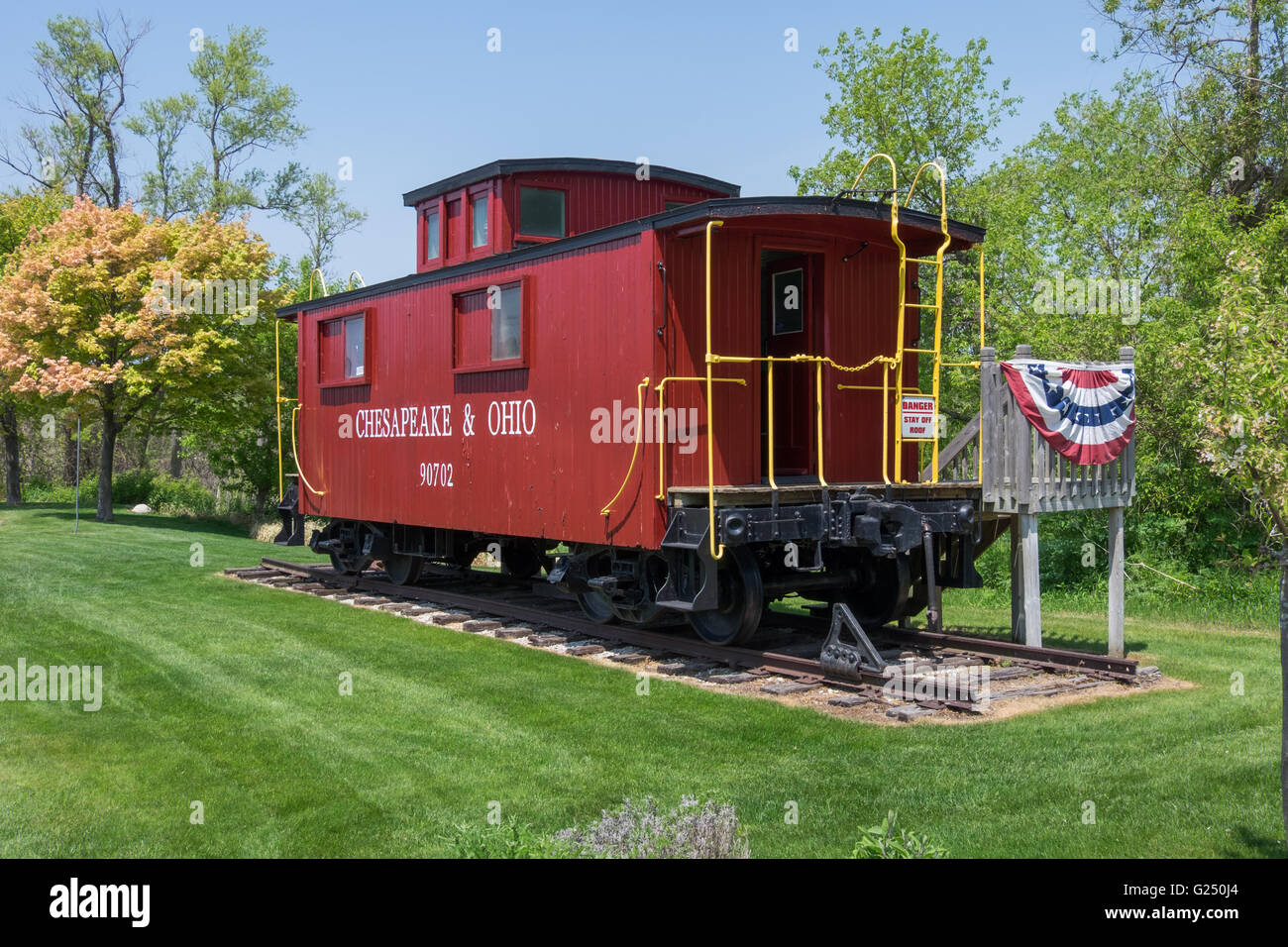 Restored caboose from the Chesapeake & Ohio Railroad Company sits in a