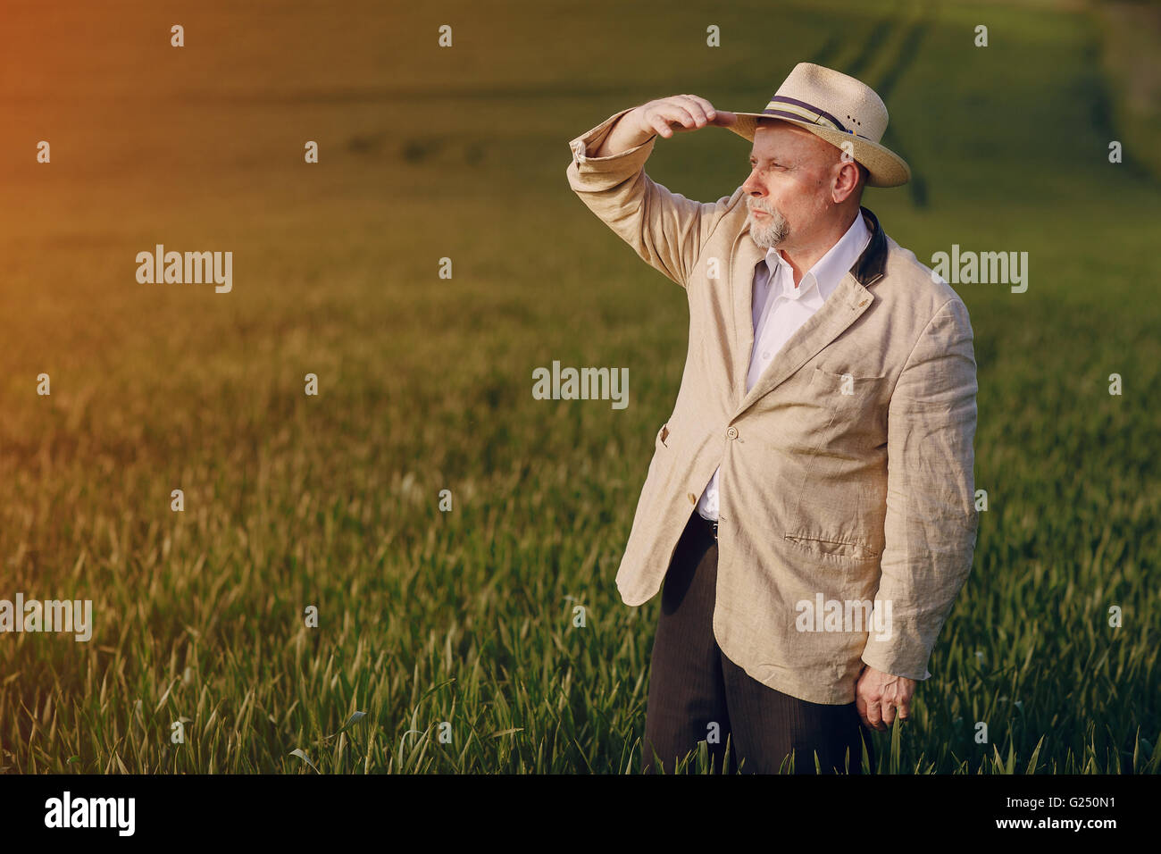 Old man in field stock photo alamy
