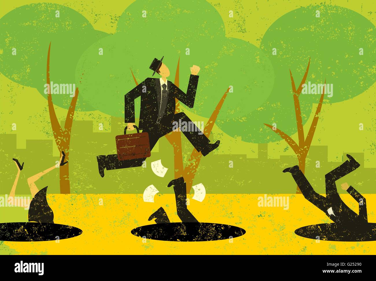Avoiding Business Pitfalls A businessman jumping over pitfalls while others fall into them. Stock Vector