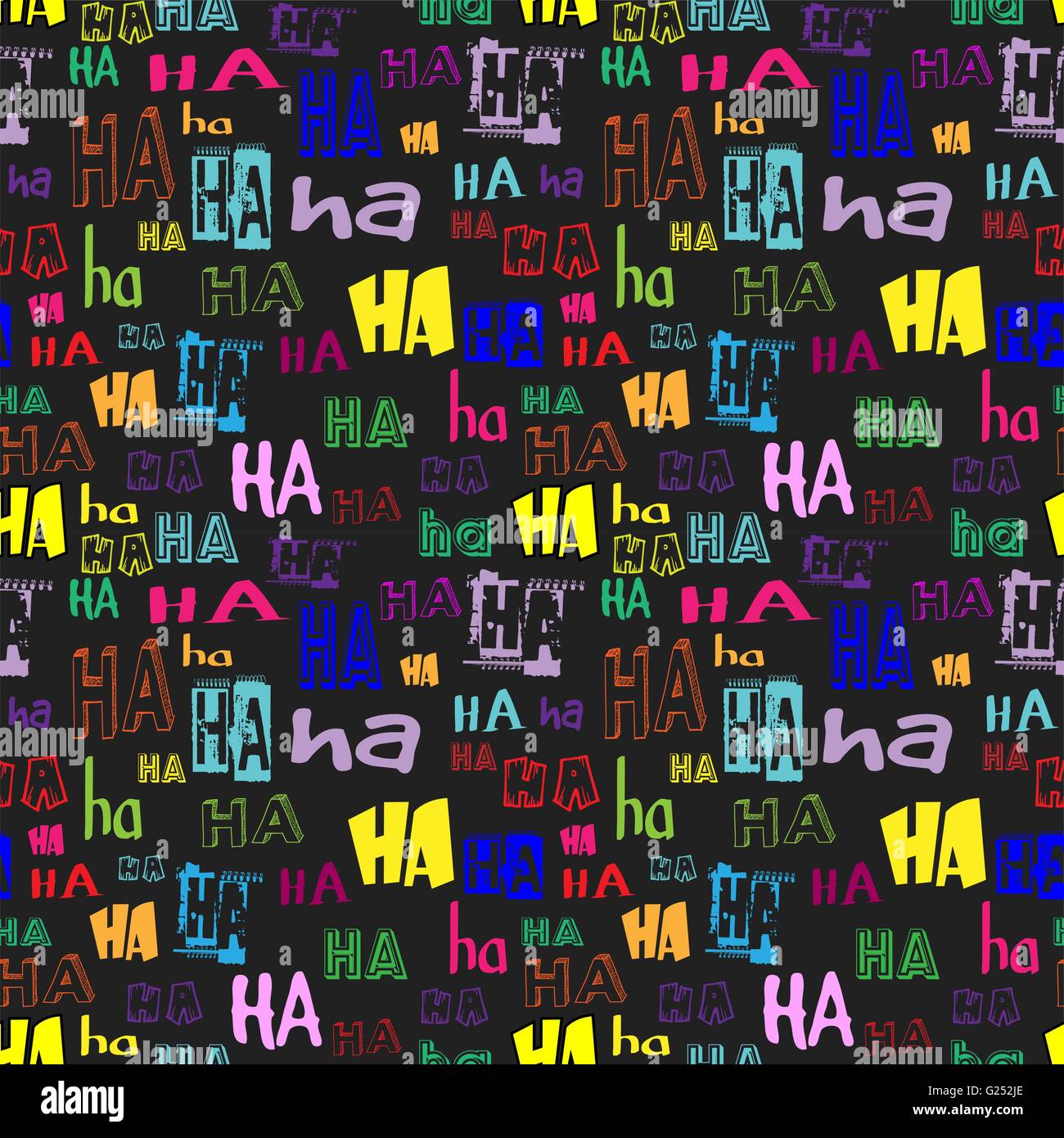 Vector. HA HA seamless pattern. Funny background suitable for paper or textile print, card or web background. Black background, colorful letters Stock Vector