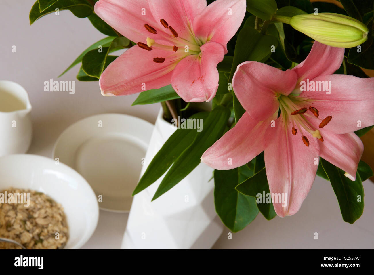 Pink lily at breakfast. Stock Photo