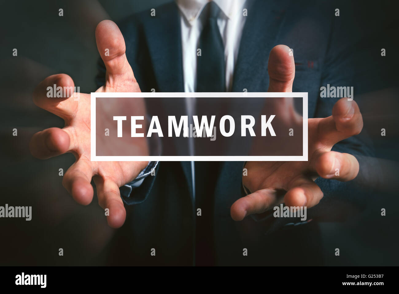 Concept of teamwork in business project, selective focus of businessman's hands Stock Photo