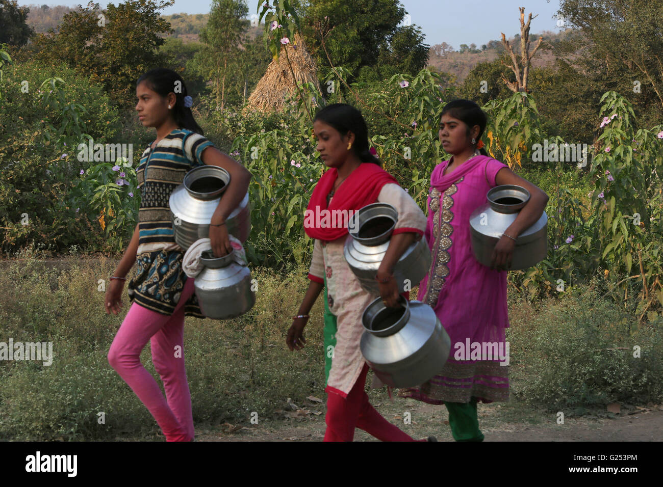 ANDH TRIBE - Girls carrying empty water pots to fill with water. Londari Village, Maharashtra, India Stock Photo
