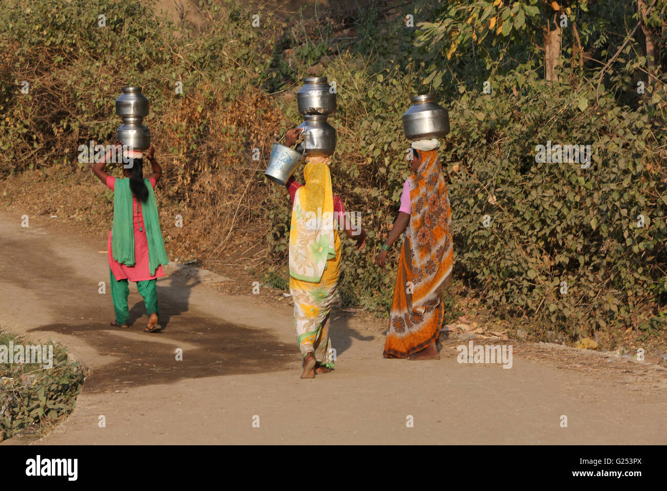 ANDH TRIBE - Women carrying water pots on their head. Londari Village, Maharashtra, India Stock Photo