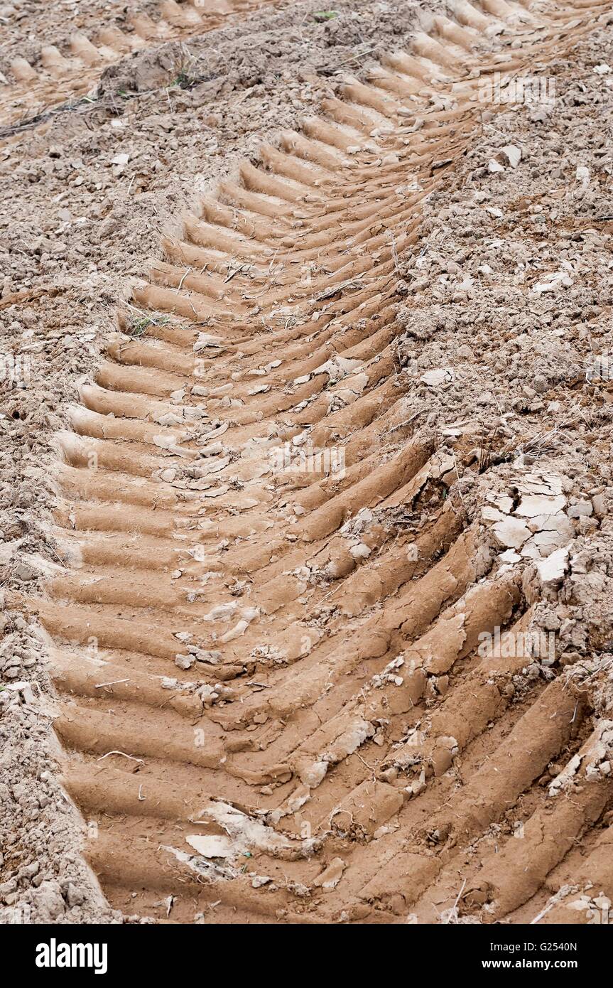 Tractor wheel tracks on the ground as background. Vertical photo Stock Photo