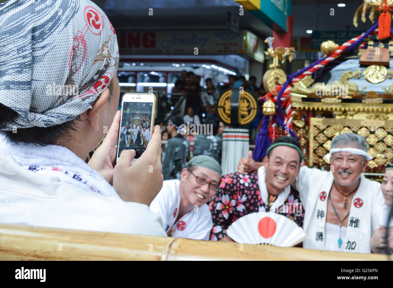 Japanese people selfie in little tokyo ennichisai japan festival. Blok M, Jakarta, Indonesia Stock Photo