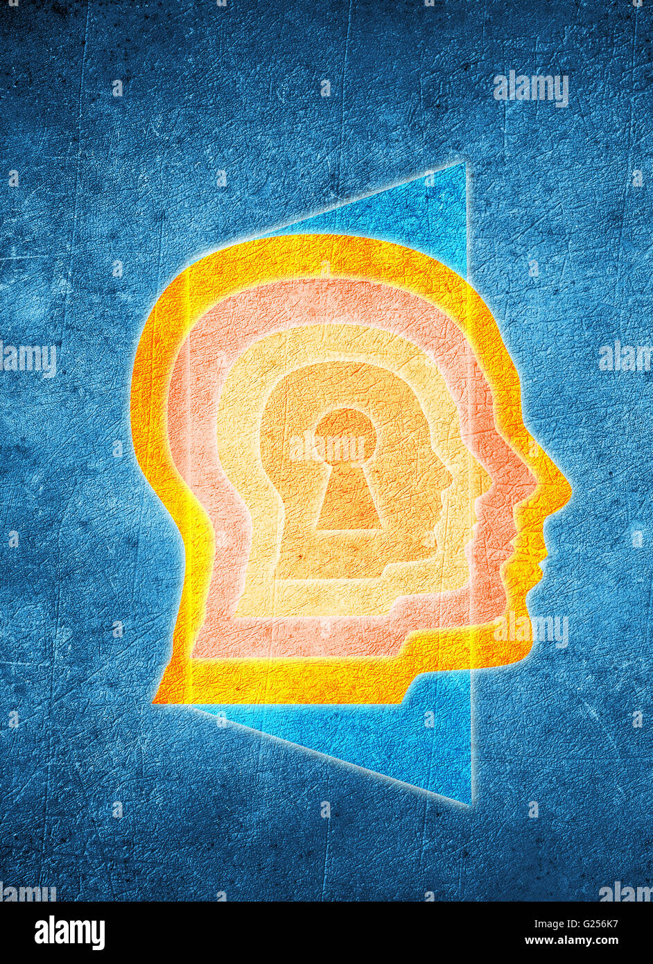 colored human head with keyhole and door psychology concept Stock Photo