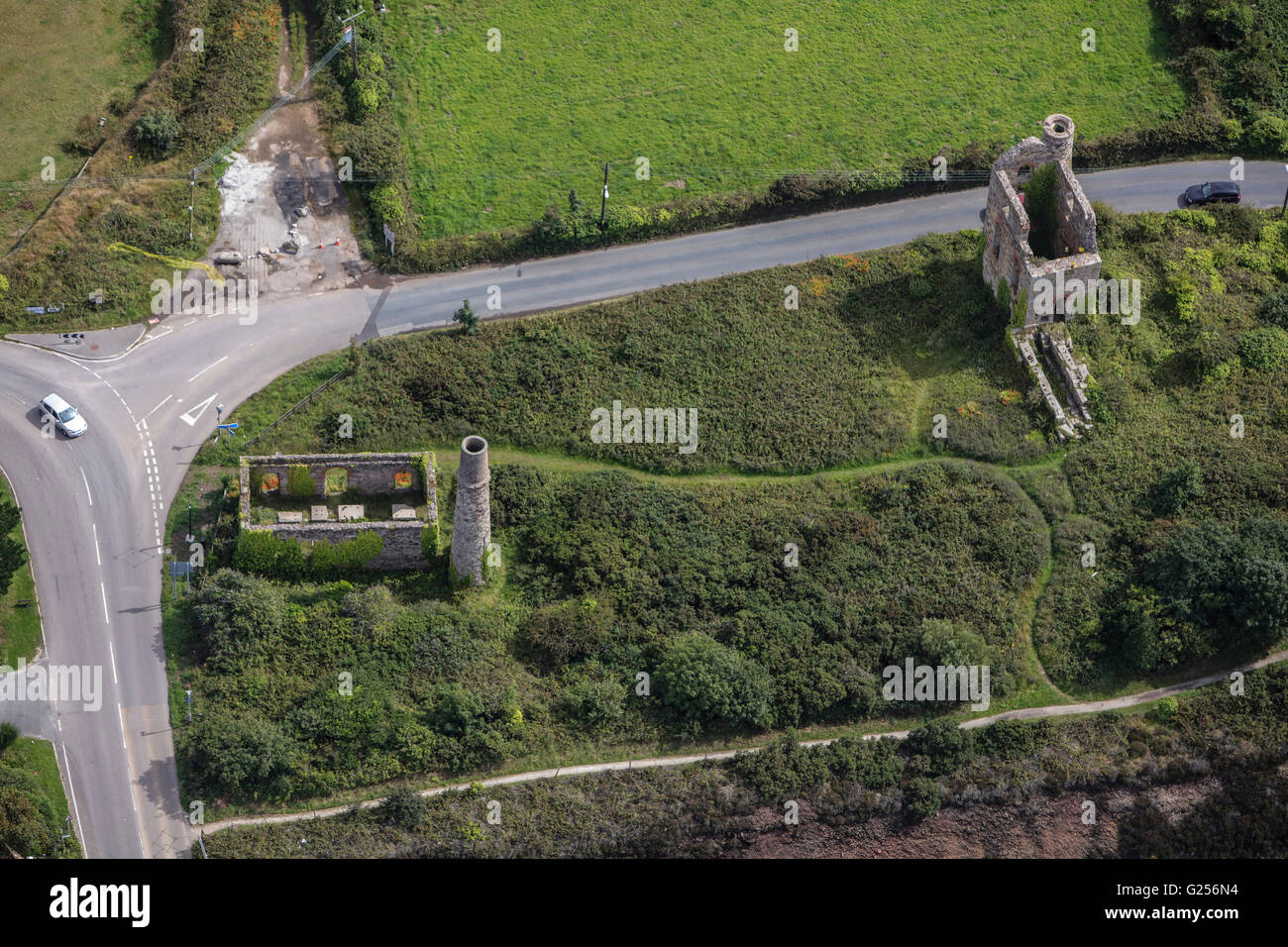 An aerial view of derelict Tin Mine buildings in Cornwall, South