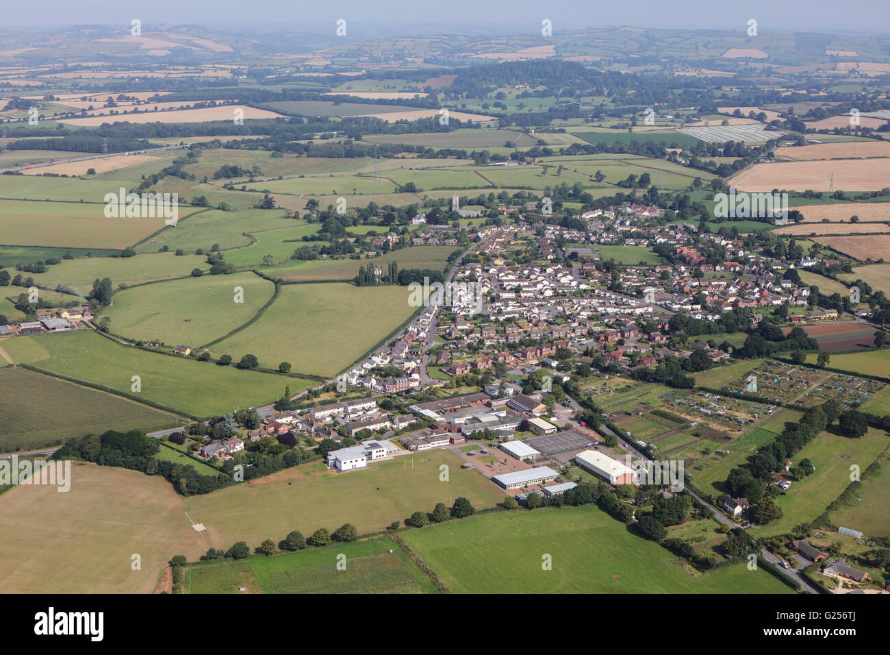 An aerial view of the village of Broadclyst and surrounding Devon