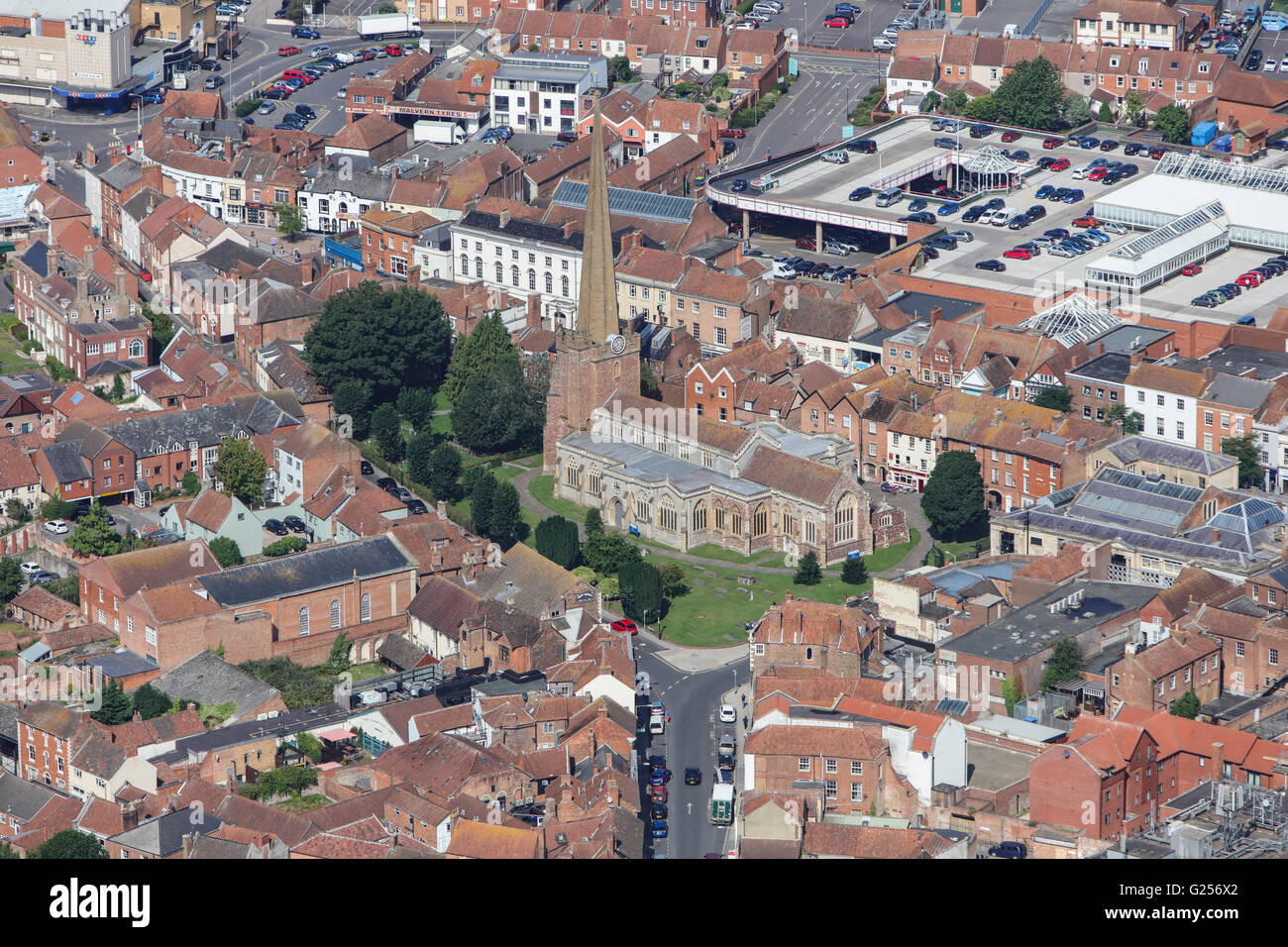 An aerial view of the town centre of Bridgwater around St Mary's Church in Somerset Stock Photo