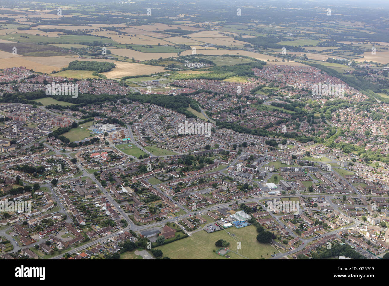 An aerial view of the South Ashford and Stanhope suburbs of Ashford, Kent Stock Photo