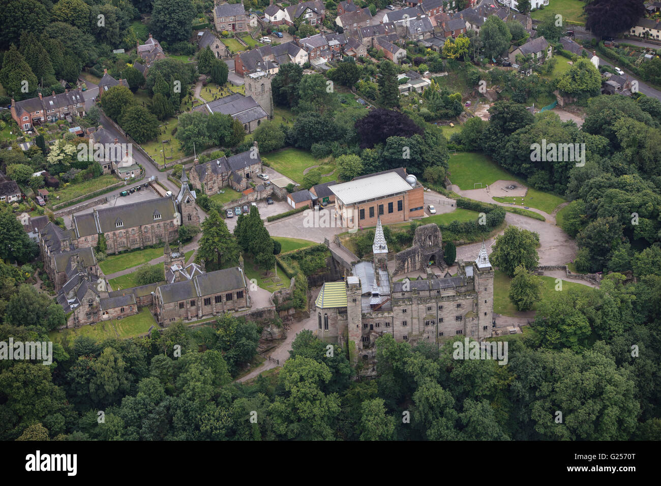 An aerial view of Alton Castle in Staffordshire, now used as a residential youth centre Stock Photo