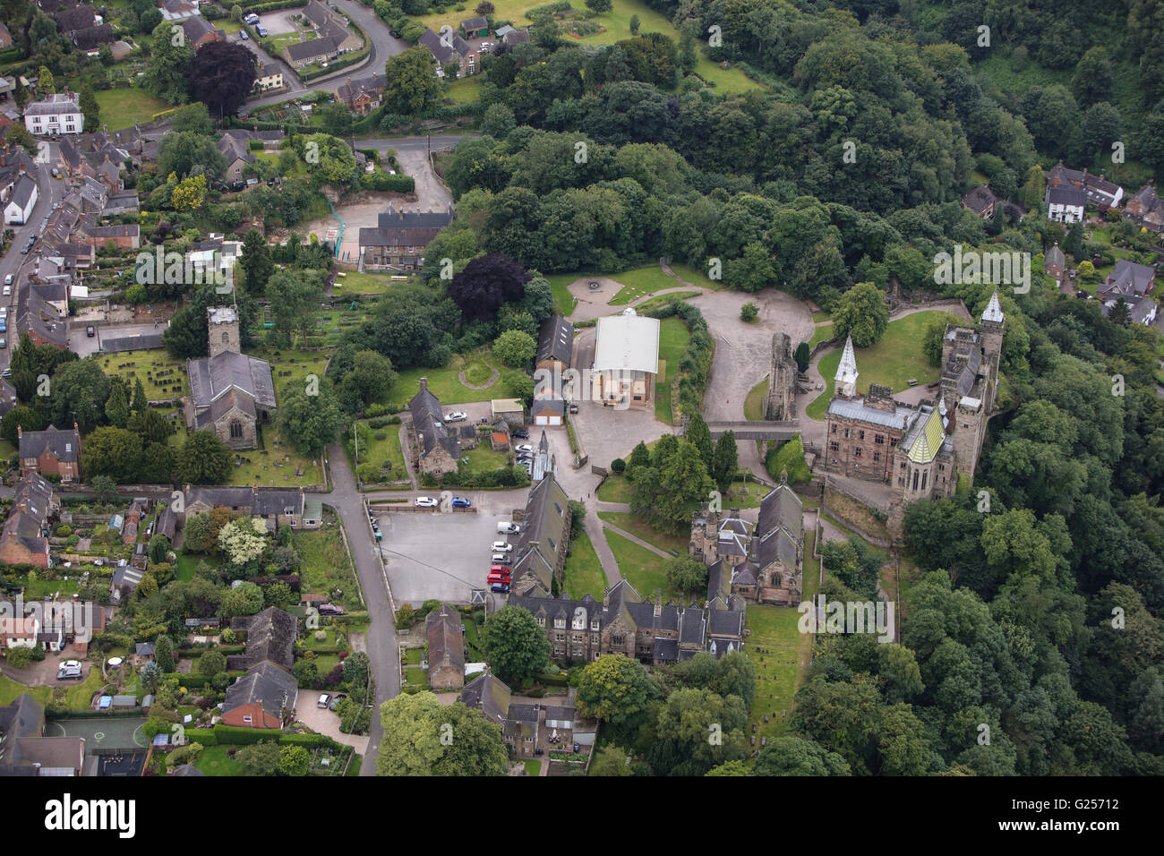 An aerial view of Alton Castle in Staffordshire, now used as a residential youth centre Stock Photo