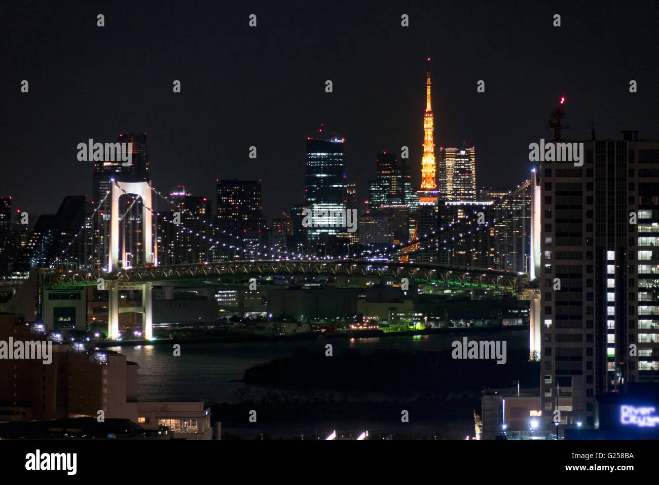 Evening View of Tokyo Tower and Rainbow bridge. Stock Photo