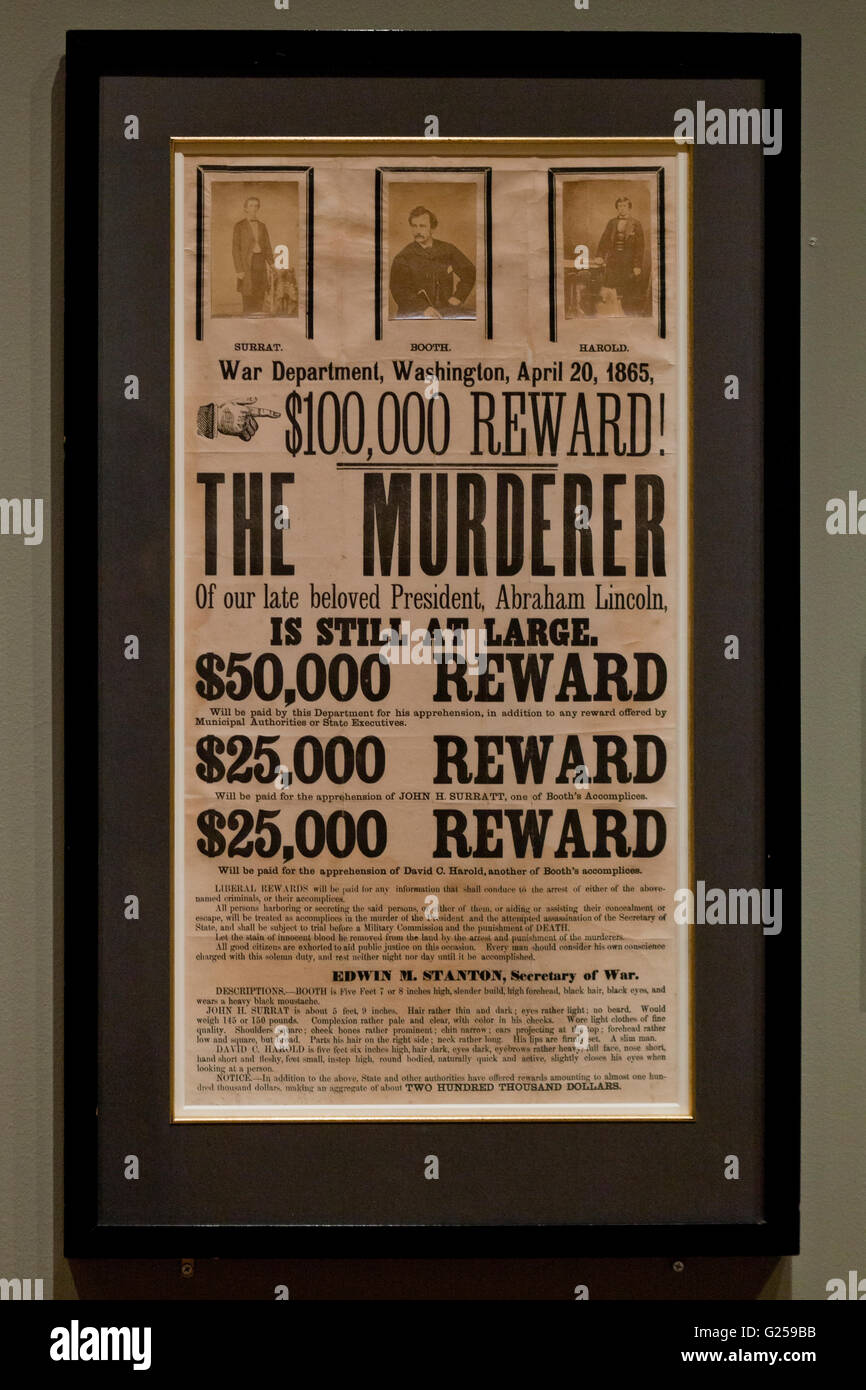 President Abraham Lincoln murderer wanted poster issued by US Department of War, circa 1865 Stock Photo