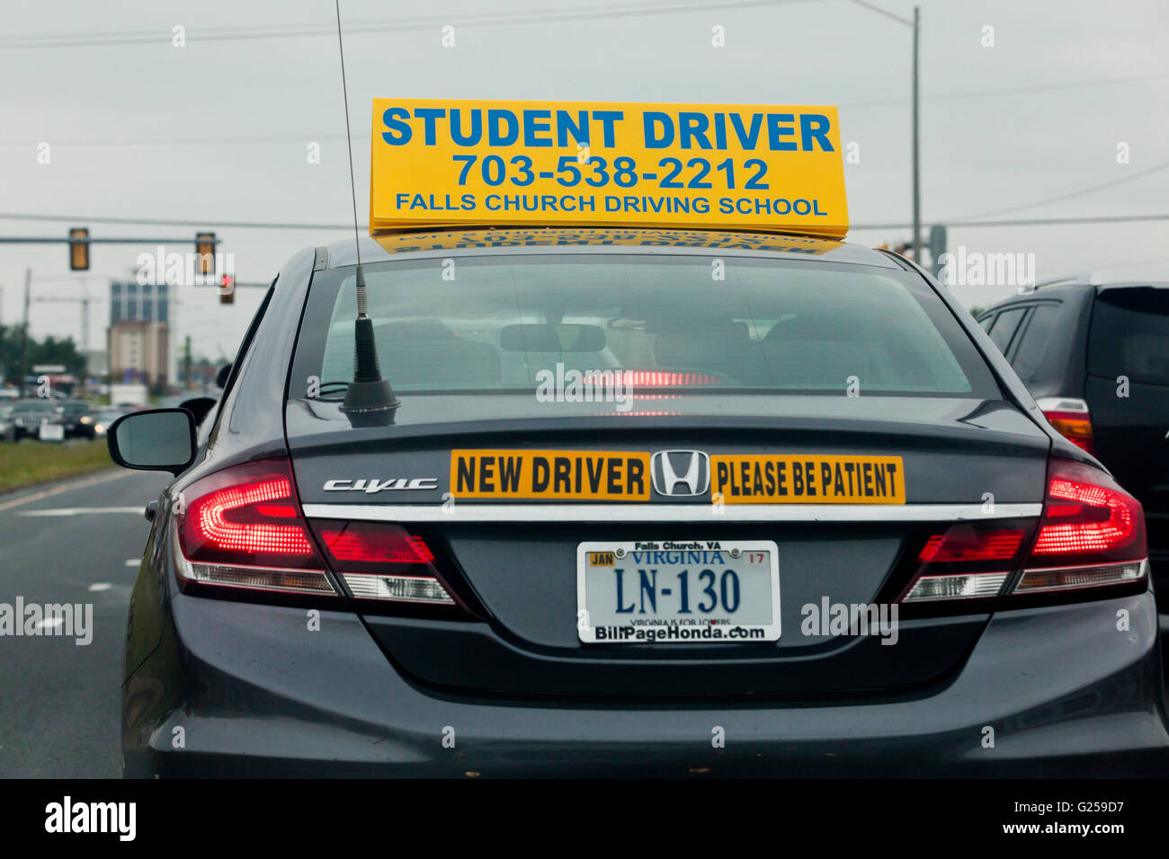 Student driver (learner driver) sign on car - USA Stock Photo