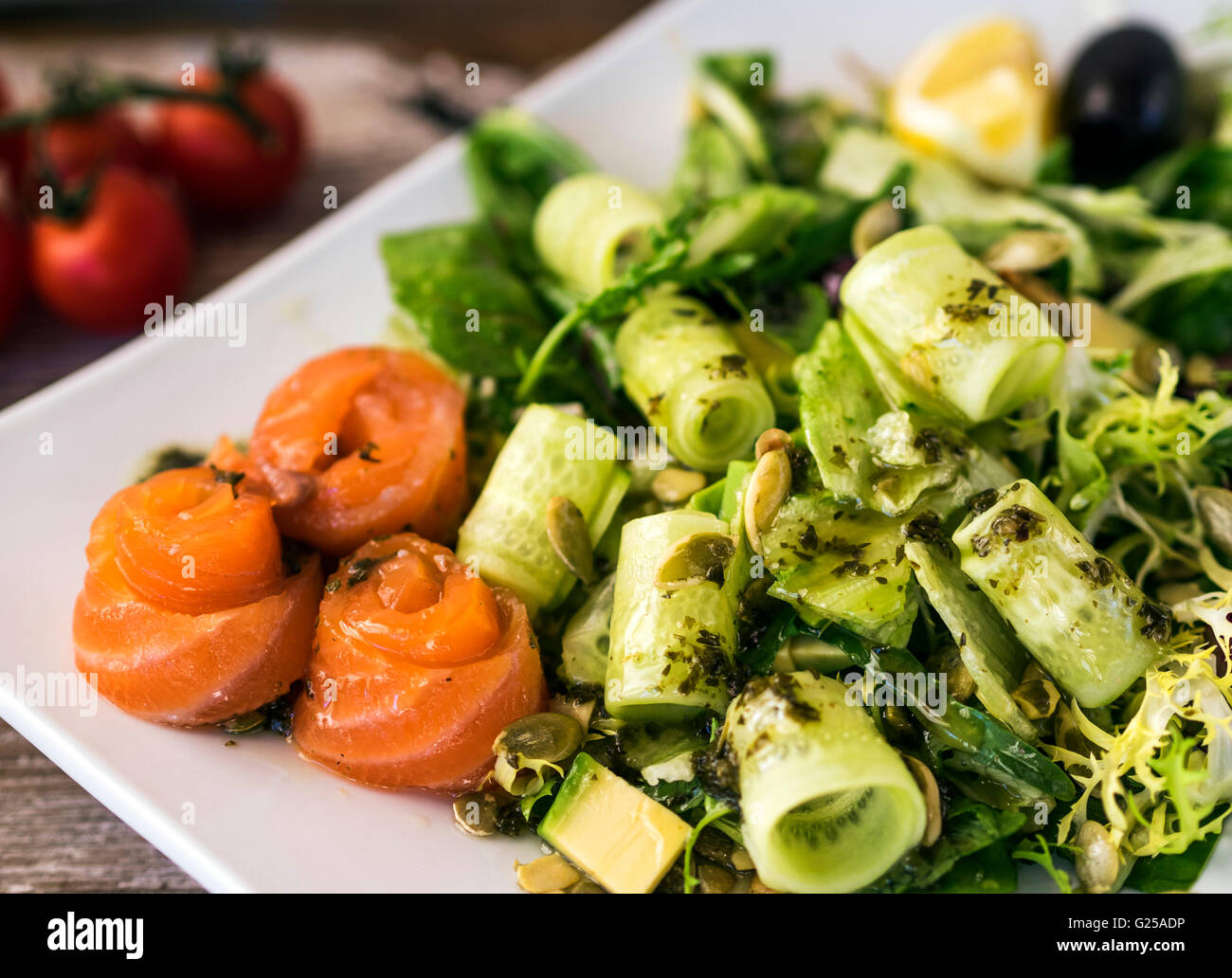 Close-up of smoked salmon salad Stock Photo