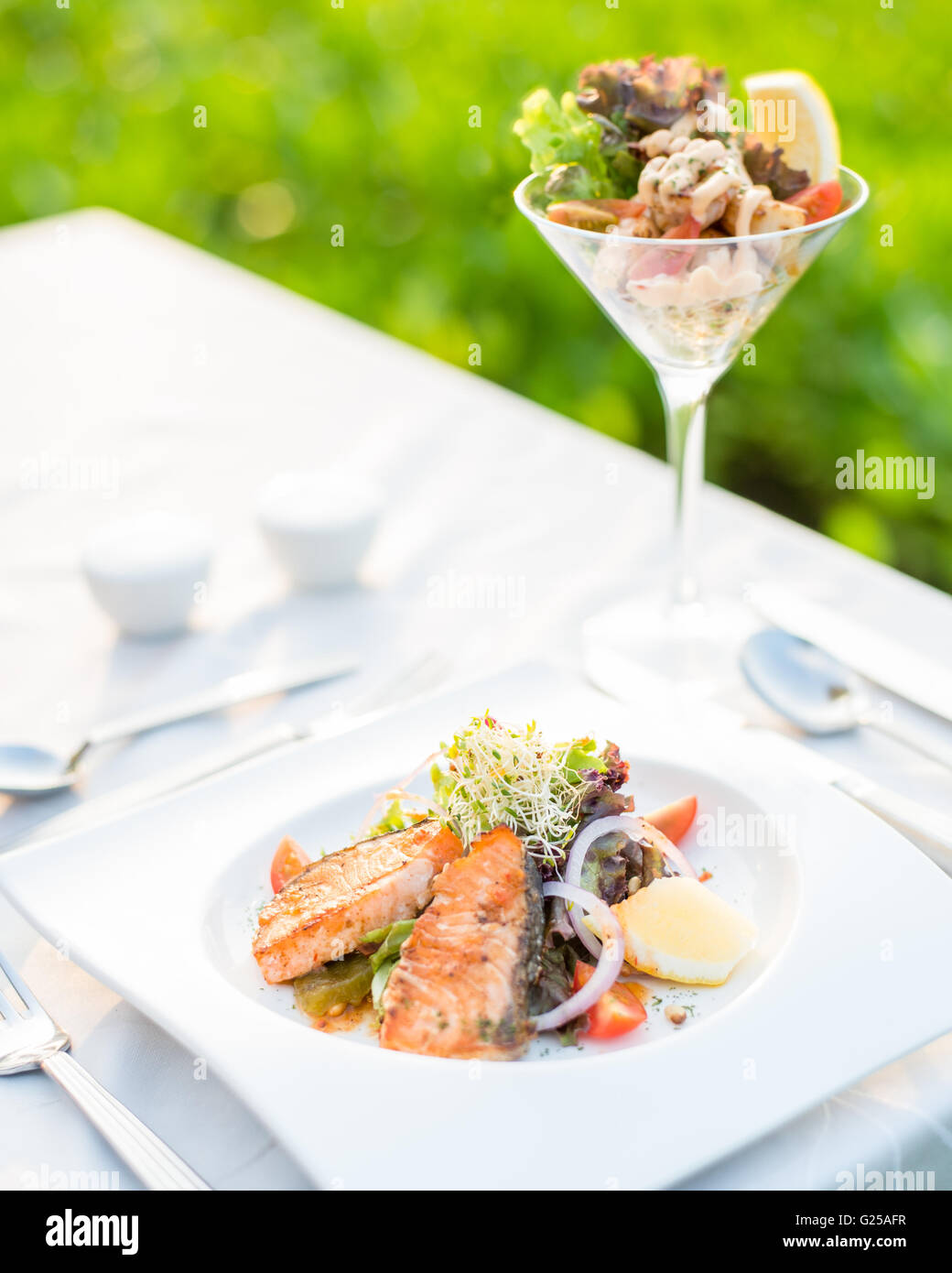 Gourmet salmon fine dining meal Stock Photo