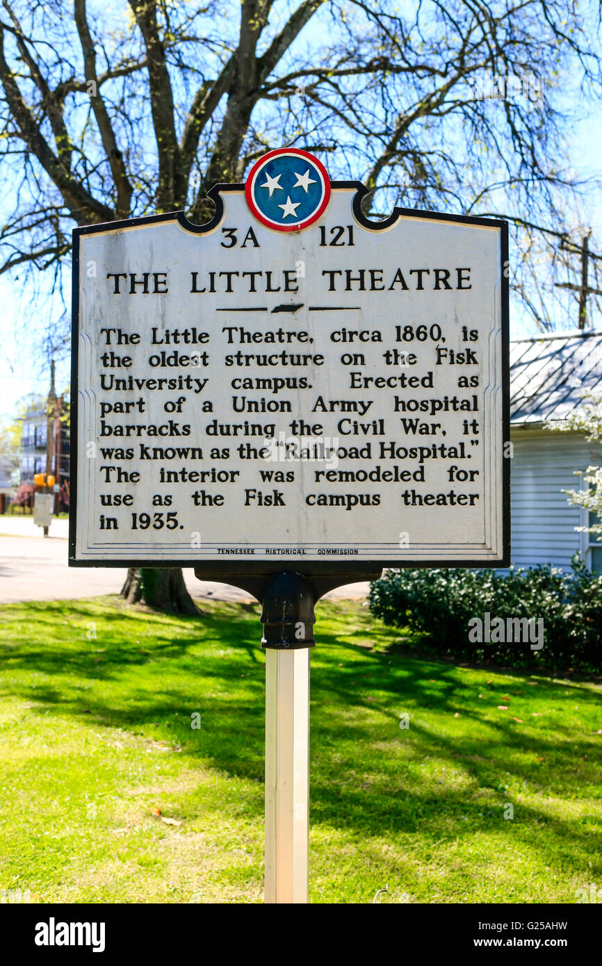 The Little Theatre building historic sign on Fisk University campus in Nashville TN.The building dates back to the Civil War. Stock Photo