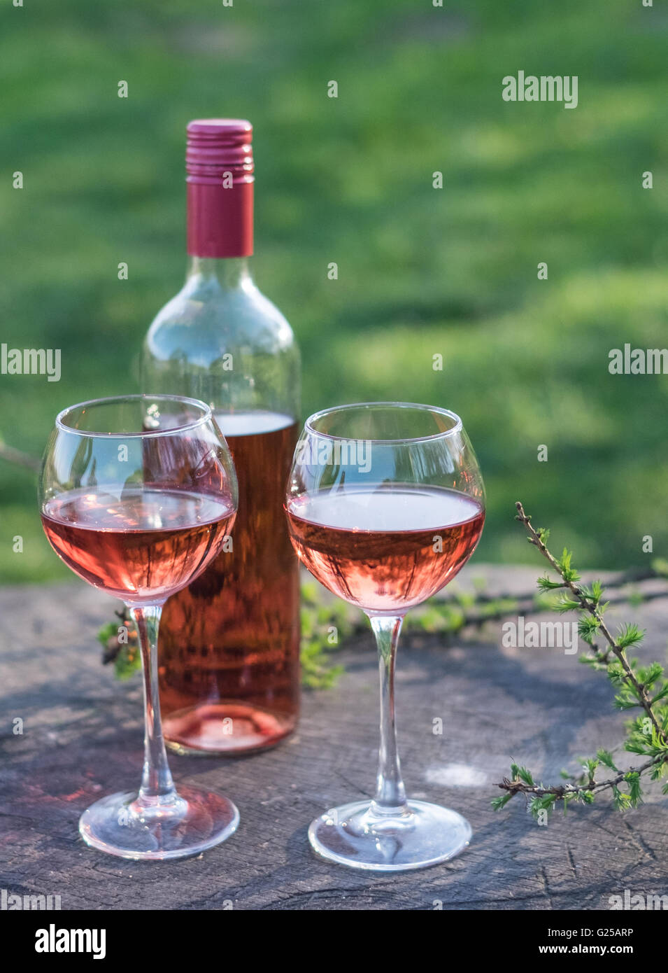Bottle and two glasses of rose wine Stock Photo - Alamy