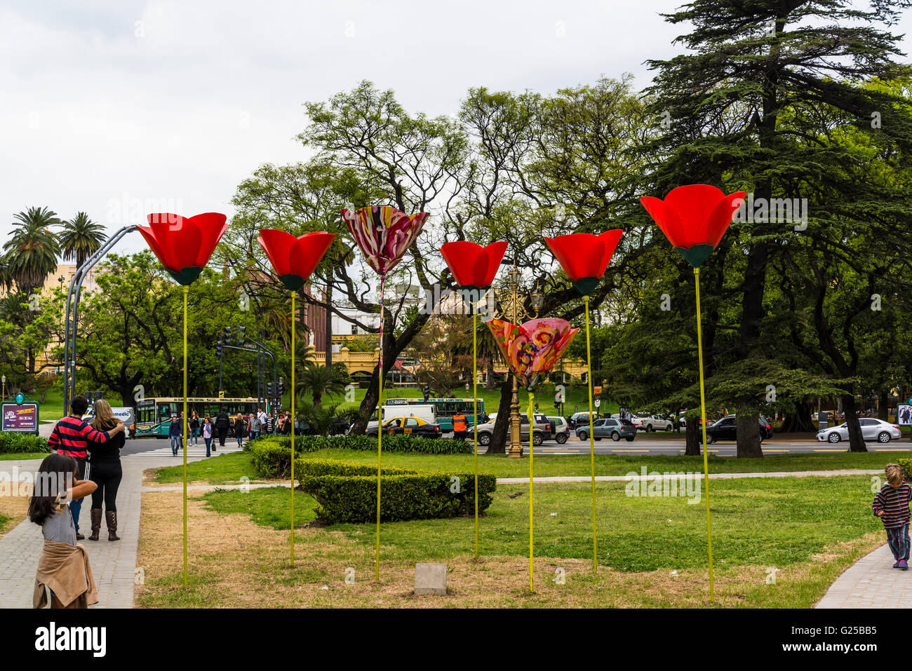 Poppy sculptures next to National Museum of Fine Arts, Buenos Aires, Argentina Stock Photo