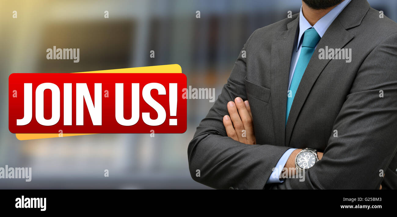 Professional standing with Join Us - Recruitment banner. Stock Photo