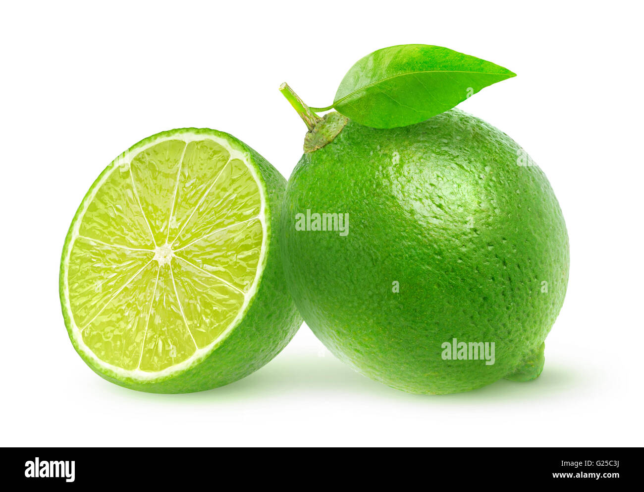 Isolated cut limes. One and a half lime fruit isolated on white