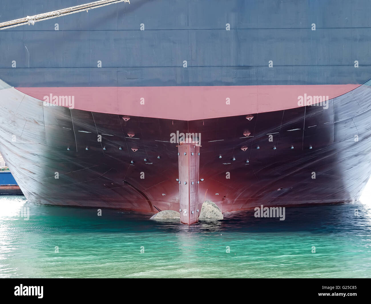 ship stern with rudder and propeller Stock Photo