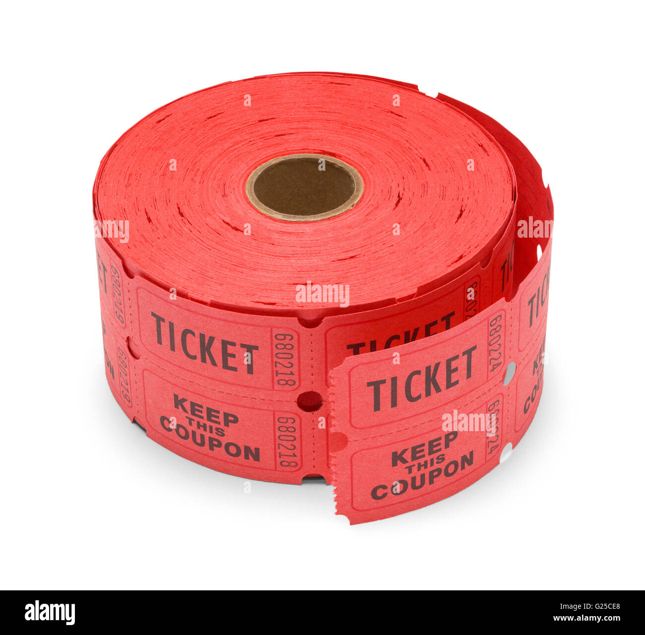 Large Roll of Red Tickets Isolated on White Background. Stock Photo